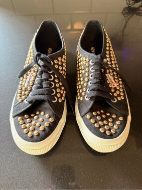 Superga Black Canvas Sneakers with Gold Studs